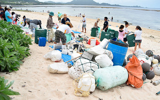 海ＬＯＶＥネットワークの清掃活動で、ごみを回収する人たち＝５日午後、米原海岸
