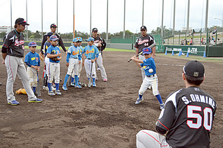伊志嶺翔大（左）や井上晴哉（右）からバッティングの指導を受ける子どもたち＝８日午後、市中央運動公園野球場