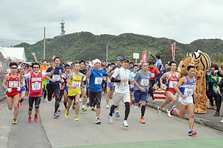 第21回やまねこマラソン大会で西表島の雄大な自然をバックにスタートを切る参加者＝８日午後、上原小学校校門前