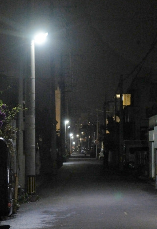 全島でLED化された防犯灯。集落内道路が明るくなった＝４日夜、新栄町