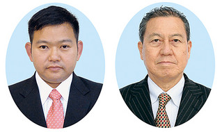 石垣市議会議員補欠選挙に出馬表明した黒島孫昇氏（右）と花谷史郎氏
