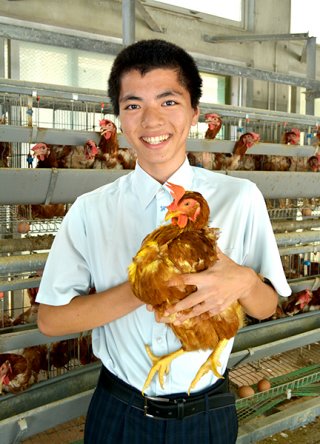 養鶏農家の課題解決に向けて行っている研究を九州大会で発表する八重農フードプロデュース科２年の嶺井泰志君＝１日午後、同校