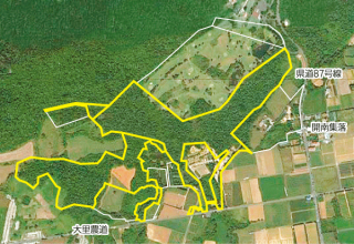 沖縄防衛局に売却・貸し付けされる市有地（黄色枠）。91％が山林となっている（グーグルマップから作成）